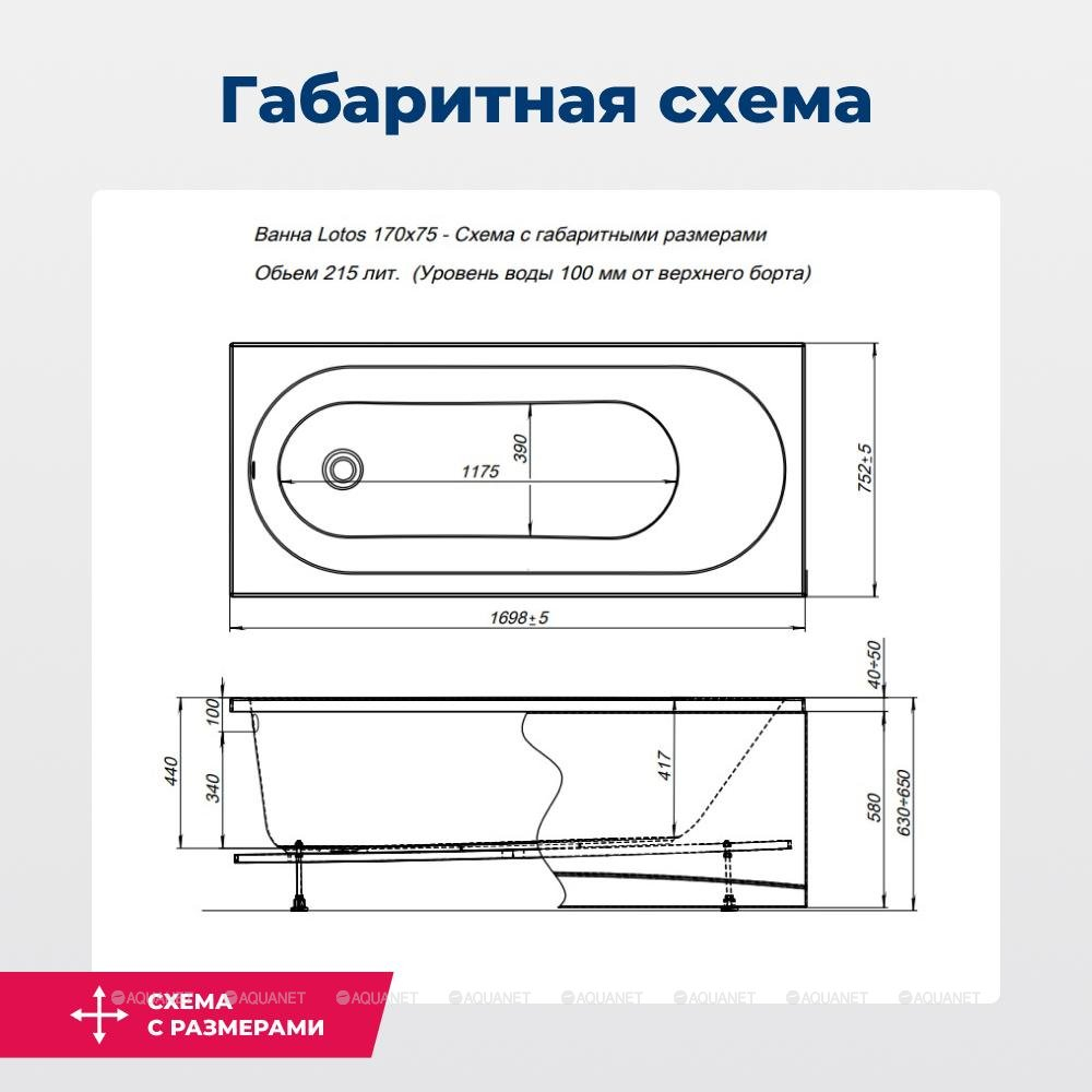 Акриловая ванна Aquanet (Акванет) Lotos 170x75 с каркасом