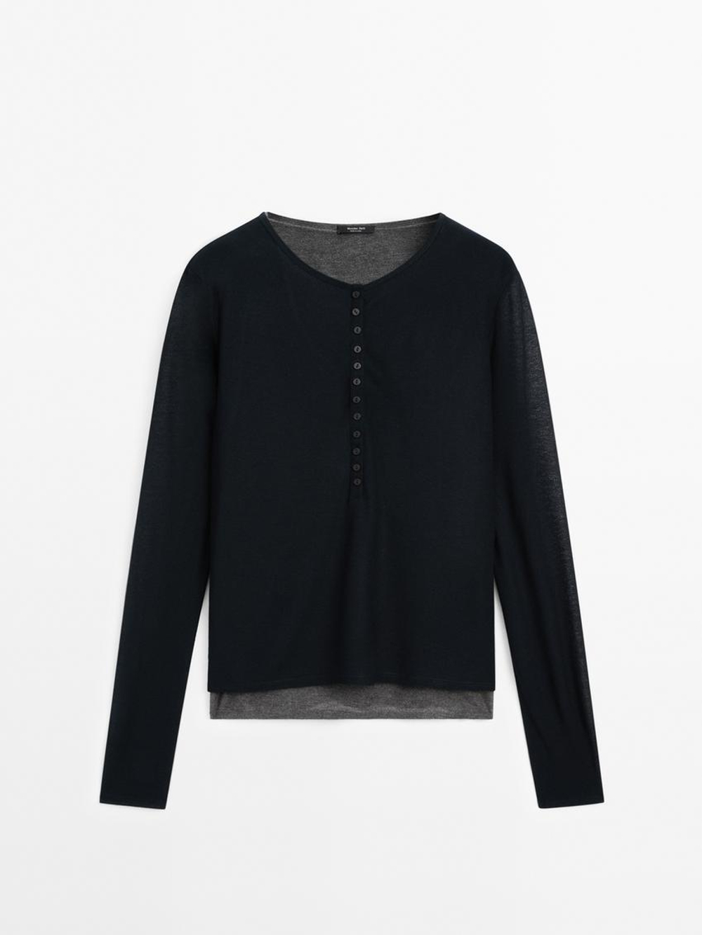 Massimo Dutti Двухслойная футболка с пуговицами, черный