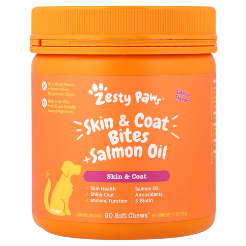 Zesty Paws, Skin & шерсти Bites + жир лосося, для собак всех возрастов, лосося, 90 мягких жевательных таблеток, 315 г (11,1 унции)