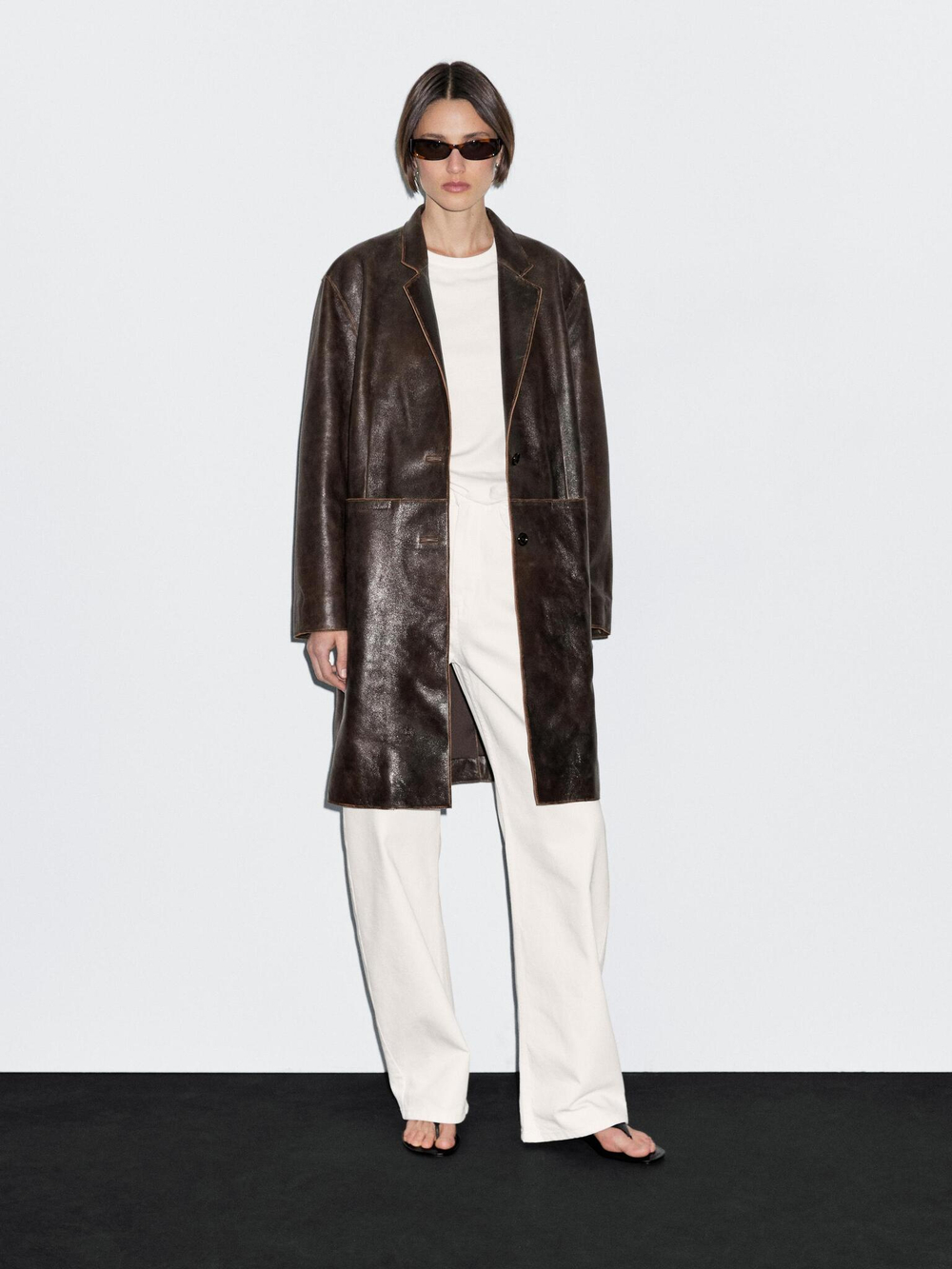 Massimo Dutti Пальто из кожи наппа с эффектом потертости, коричневый