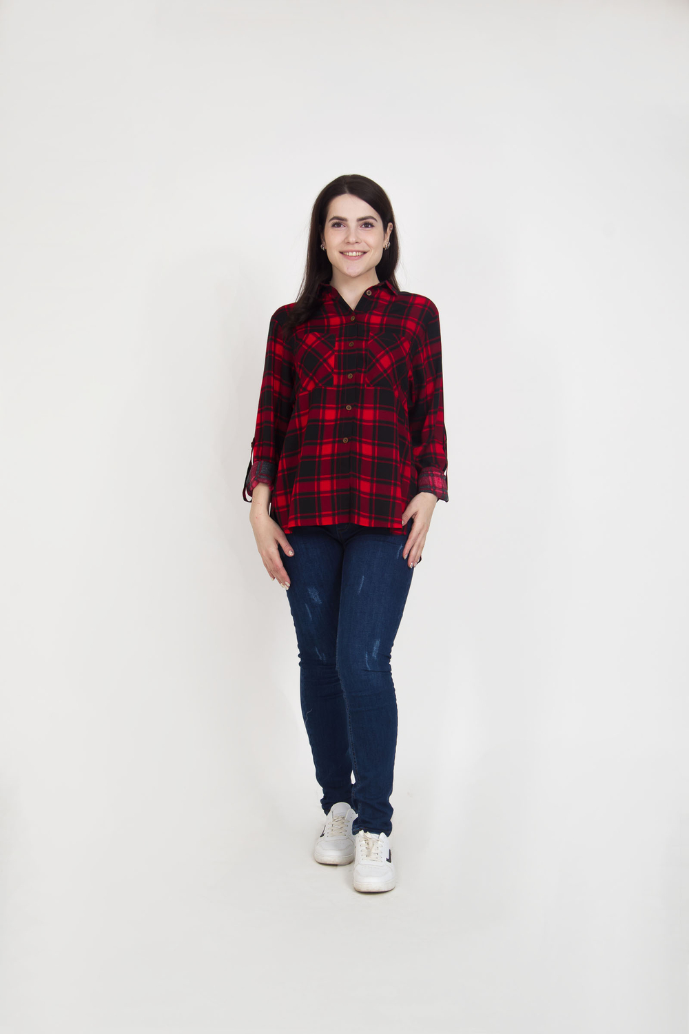 Блузка-рубашки из хлопка в красную клетку, размер 46