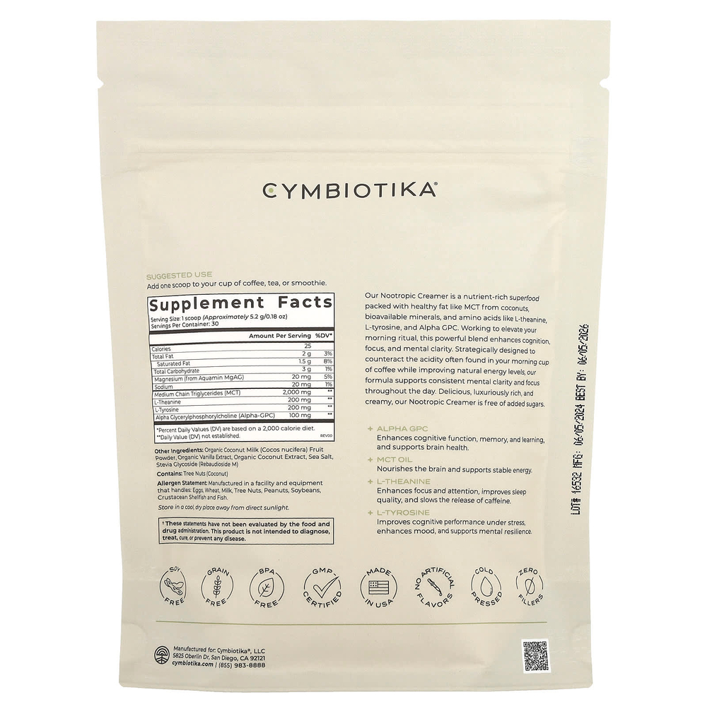 Cymbiotika, Ноотропные сливки, кокос и ваниль, 157 г (0,35 фунта)