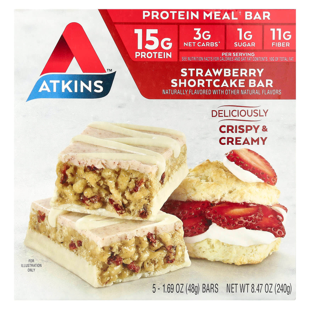 Atkins, Protein Meal Bar, батончик с клубничным пирожным, 5 батончиков, 48 г (1,69 унции)