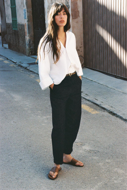 ZARA РУБАШКА ИЗ СМЕСОВОГО ЛЬНА С ШИРОКИМИ РУКАВАМИ, БЕЛЫЙ