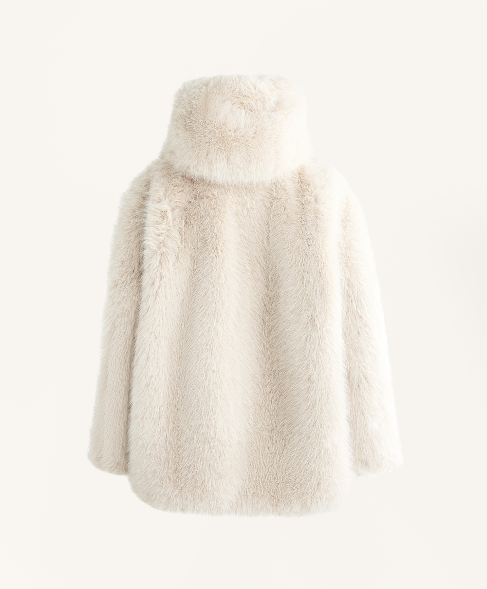 Oysho Шуба с капюшоном из искусственного меха, овсяный