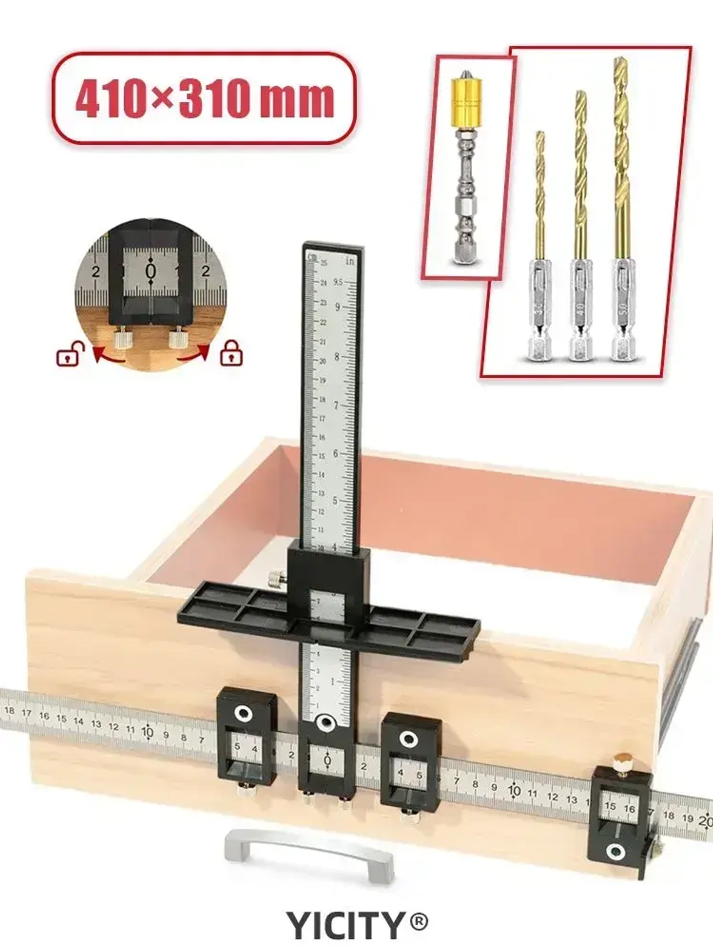 YICITY Локатор отверстий с металлической линейкой, Шаблон для сверления, 410мм х 310мм, кондуктор для сверления мебельный