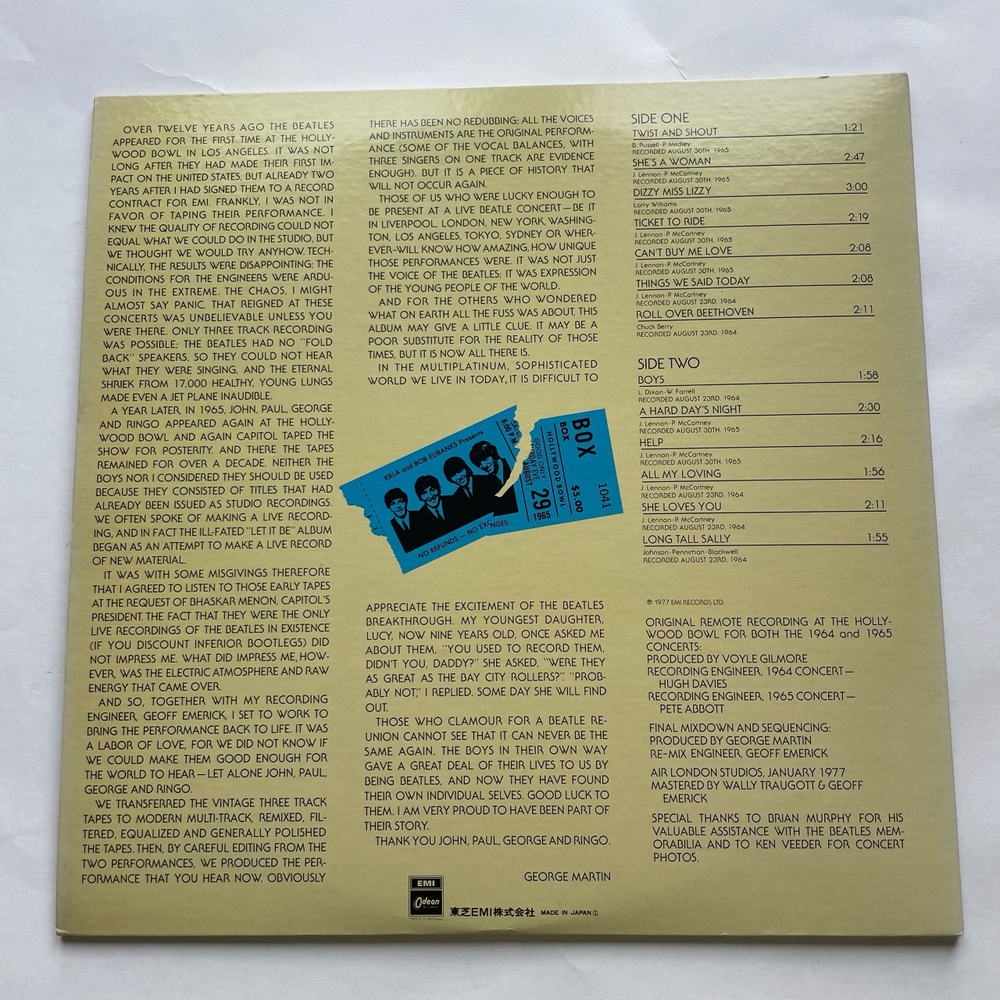 Винтажная виниловая пластинка LP The Beatles At The Hollywood Bowl (Япония 1977) (Оби)