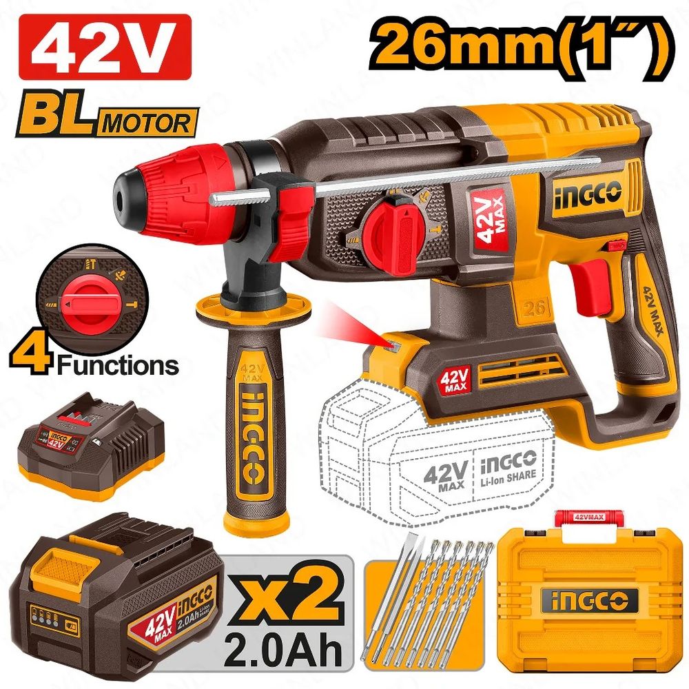 Аккумуляторный бесщеточный перфоратор SDS-Plus INGCO CRHLI422682 INDUSTRIAL 42 В 2,5 Дж 2х2Ач