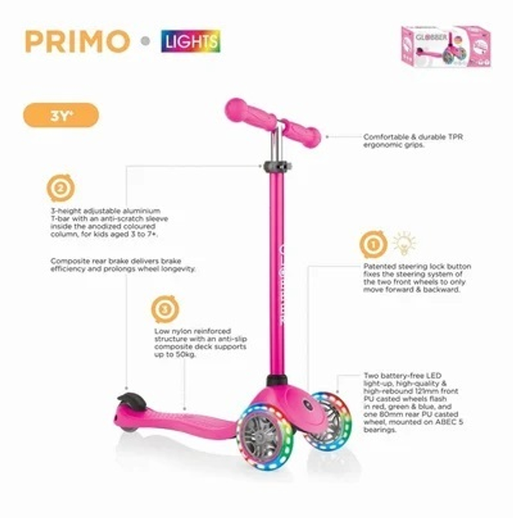 Самокат Globber Primo Lights розовый