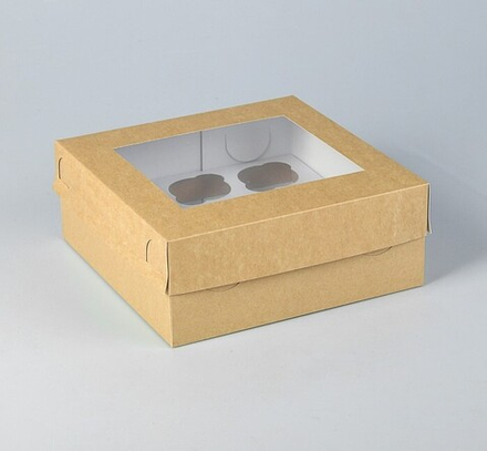 Короб картонный КРАФТ с окном под 9 капкейков, крышка-дно