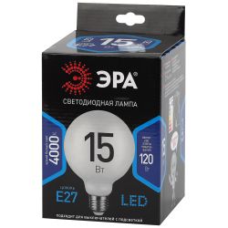 Лампа светодиодная ЭРА F-LED G125-15w-840-E27 OPAL 15Вт филамент шар матовый нейтральный белый свет Е27 | Филаментные декоративные