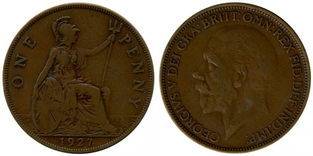 Великобритания 1 пенни, 1927 Король Георг V VF-XF