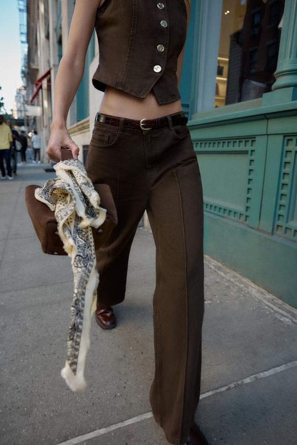 ZARA ДЖИНСЫ Z1975 С ШИРОКИМИ БРЮЧИНАМИ, ВЫСОКОЙ ПОСАДКОЙ И РЕМНЕМ, КОРИЧНЕВЫЙ