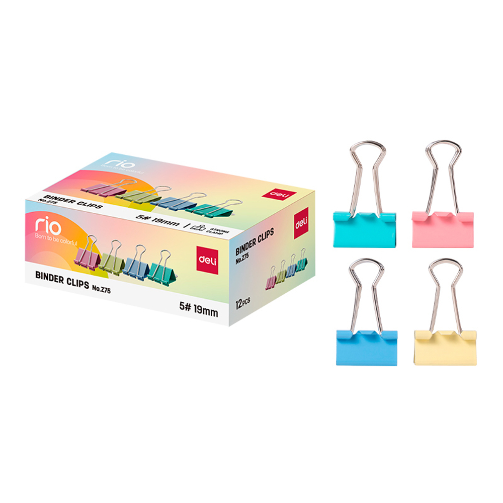 Зажимы для бумаг DELI "RIO", 19 мм, цветные, (12 шт.)
