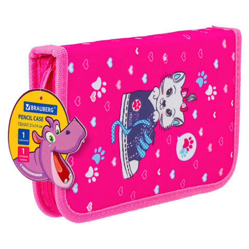 Пенал BRAUBERG с наполнением, 1 отделение, откидная планка, 24 предмета, 21х14 см, "Kitten&sneakers", 229295