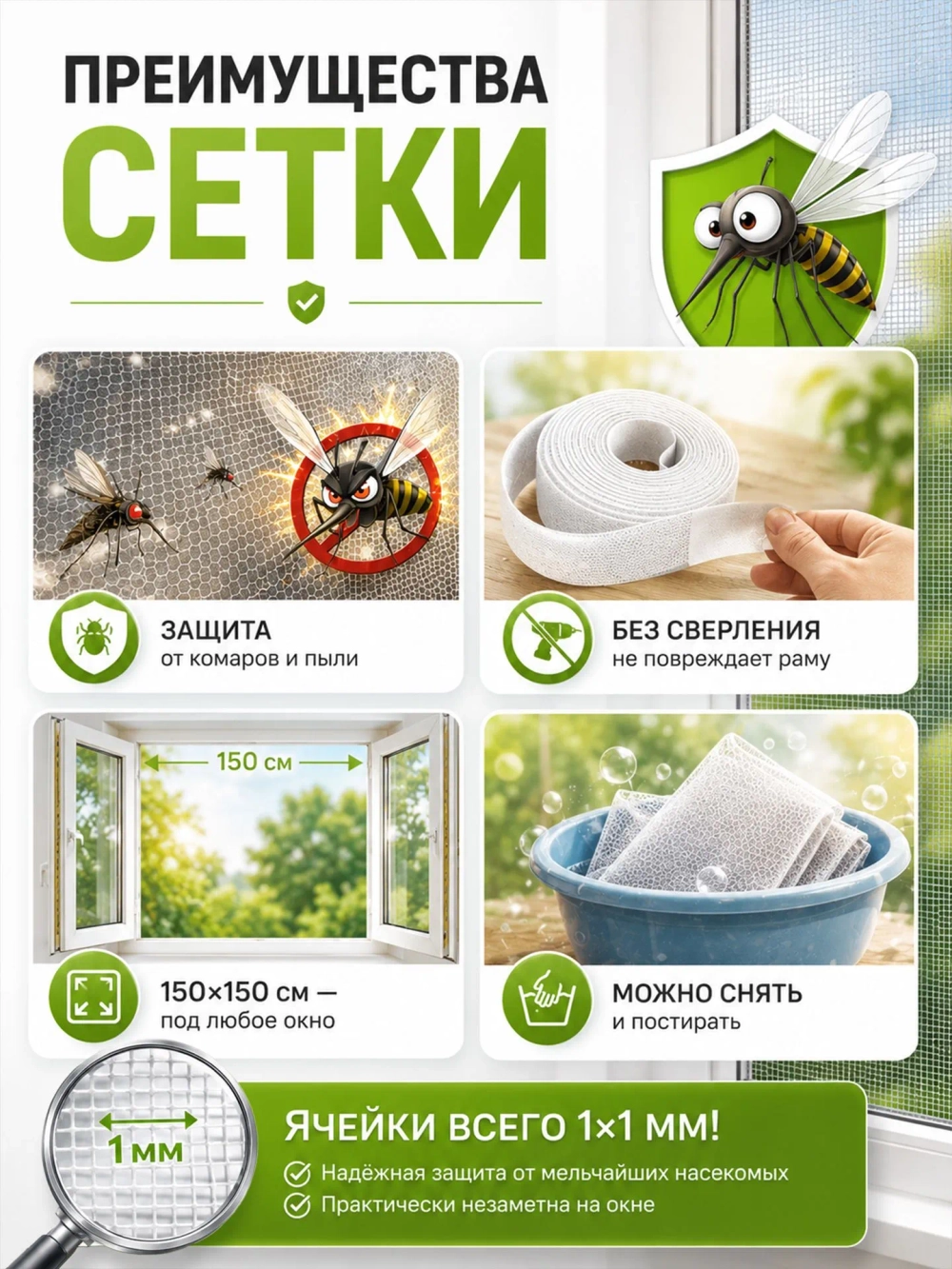 Москитная сетка на окно самоклеящаяся 1,5х1,5 м.