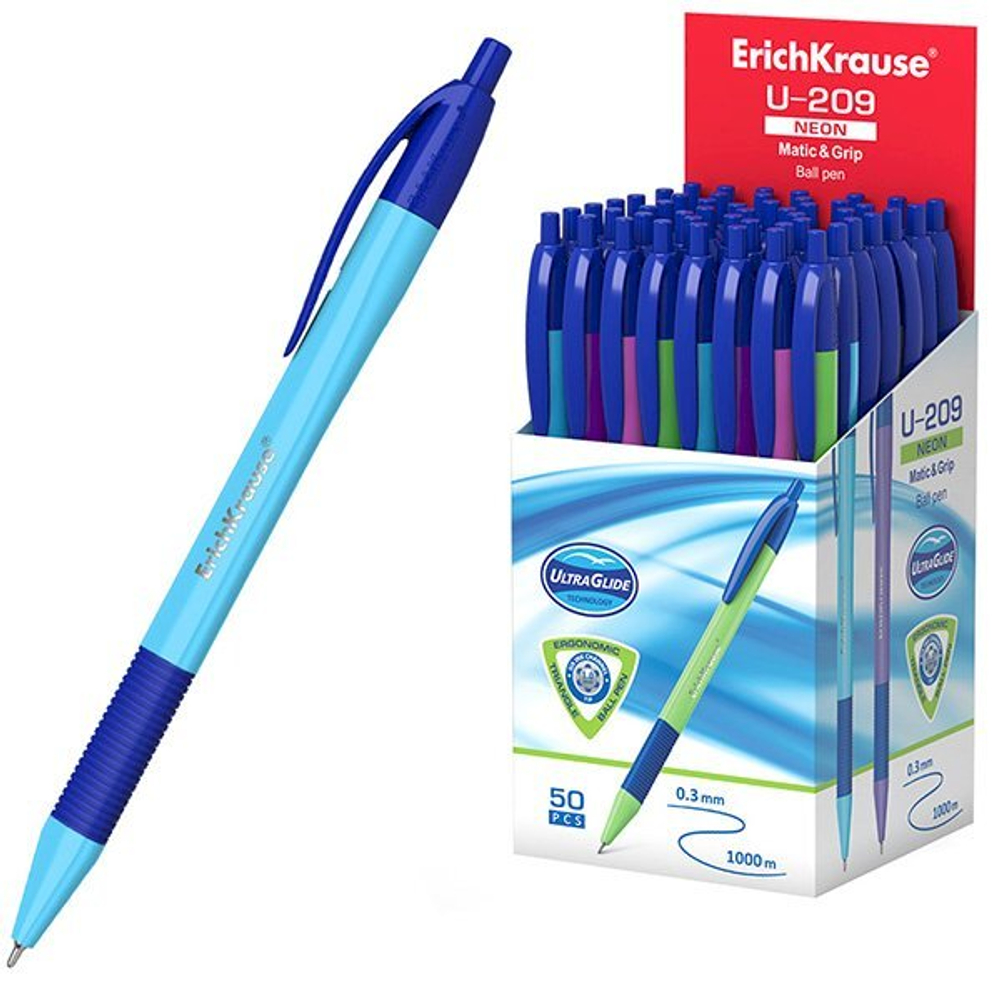 Ручка шариковая автоматическая ErichKrause U-209 Neon Matic&Grip, синяя, манжетка, 0,3 мм, 50 штук