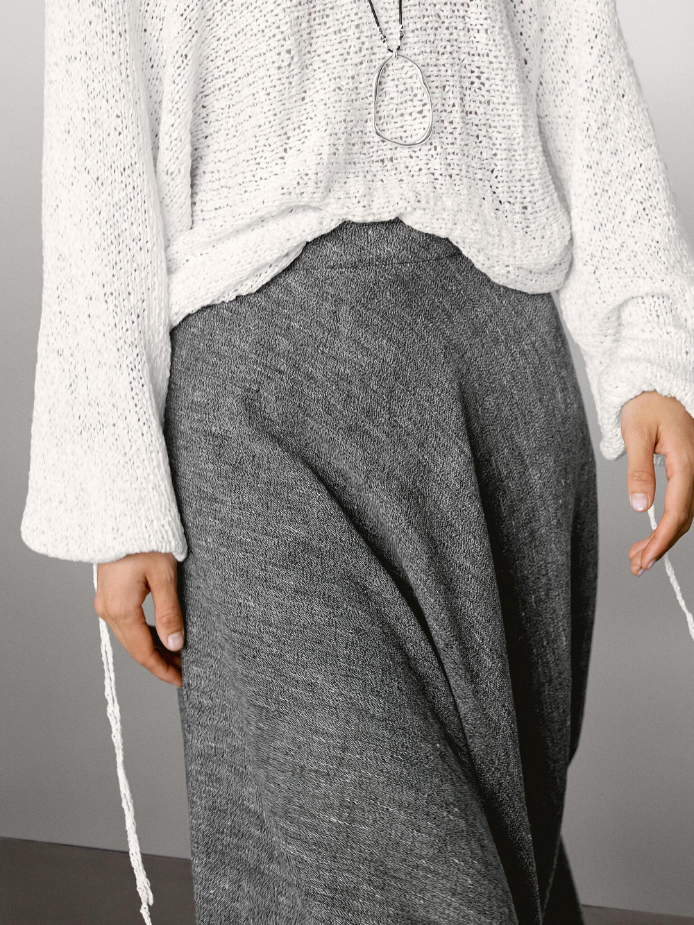 Massimo Dutti Юбка миди из смесовой льняной ткани с воланом, серый