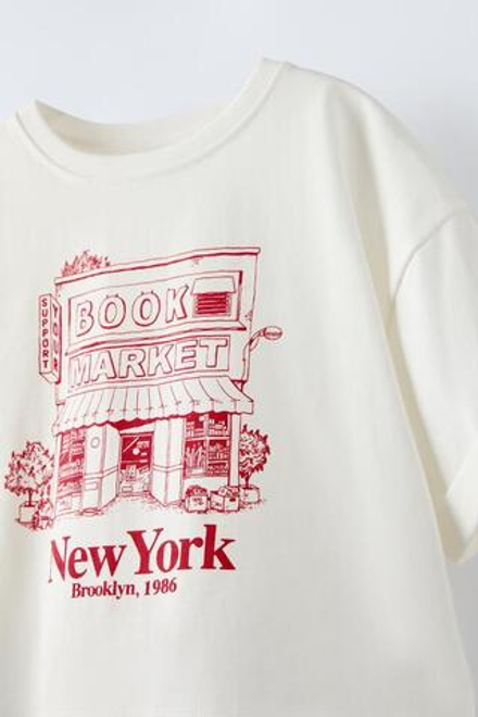 ZARA ФУТБОЛКА ИЗ ТКАНИ С ПРИНТОМ, БЕЛЫЙ/КРАСНЫЙ