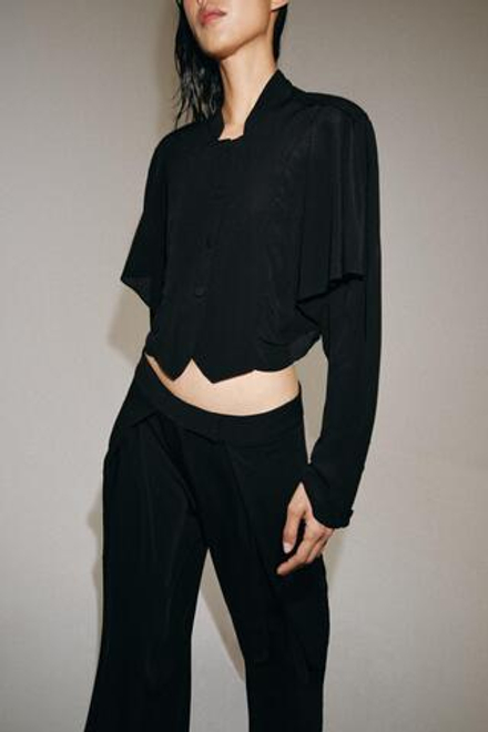 ZARA УКОРОЧЕННАЯ РУБАШКА С ВОЛАНАМИ — ZW COLLECTION, ЧЕРНЫЙ