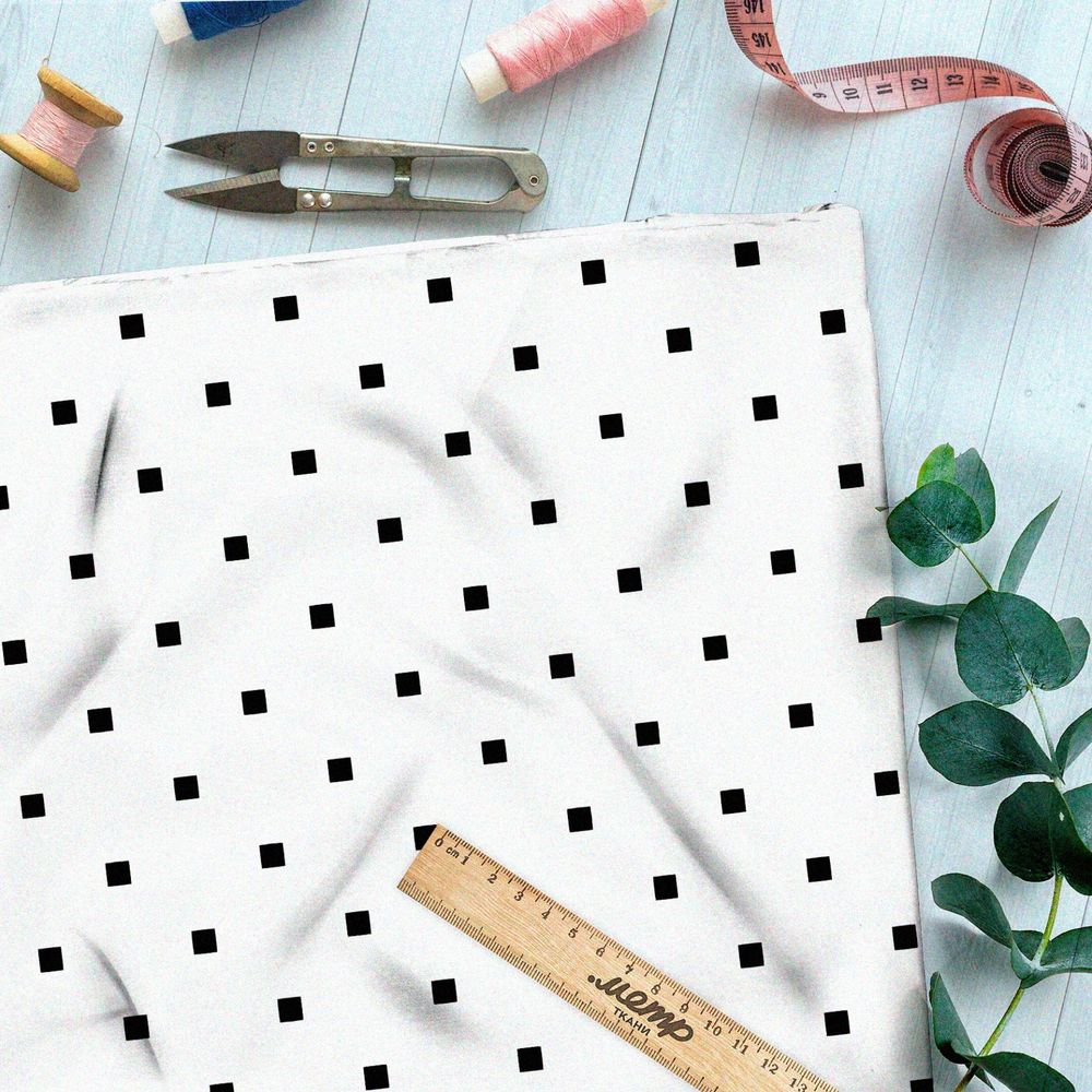 Ткань оксфорд 600 мелкие квадратные точки на белом фоне