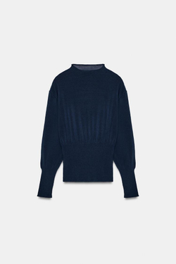 ZARA ВЯЗАНЫЙ ДЖЕМПЕР С ШИРОКИМ ПОЯСОМ, ЧЕРНИЛЬНО-СИНИЙ