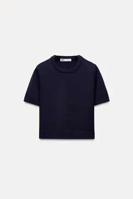 ZARA БАЗОВЫЙ ОДНОТОННЫЙ ТРИКОТАЖНЫЙ ТОП С КОРОТКИМИ РУКАВАМИ, МОРСКОЙ СИНИЙ