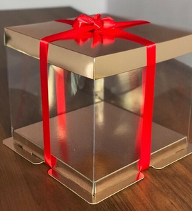 Коробка для торта Премиум прозрачная золото с пьедесталом 23.5х23.5х22