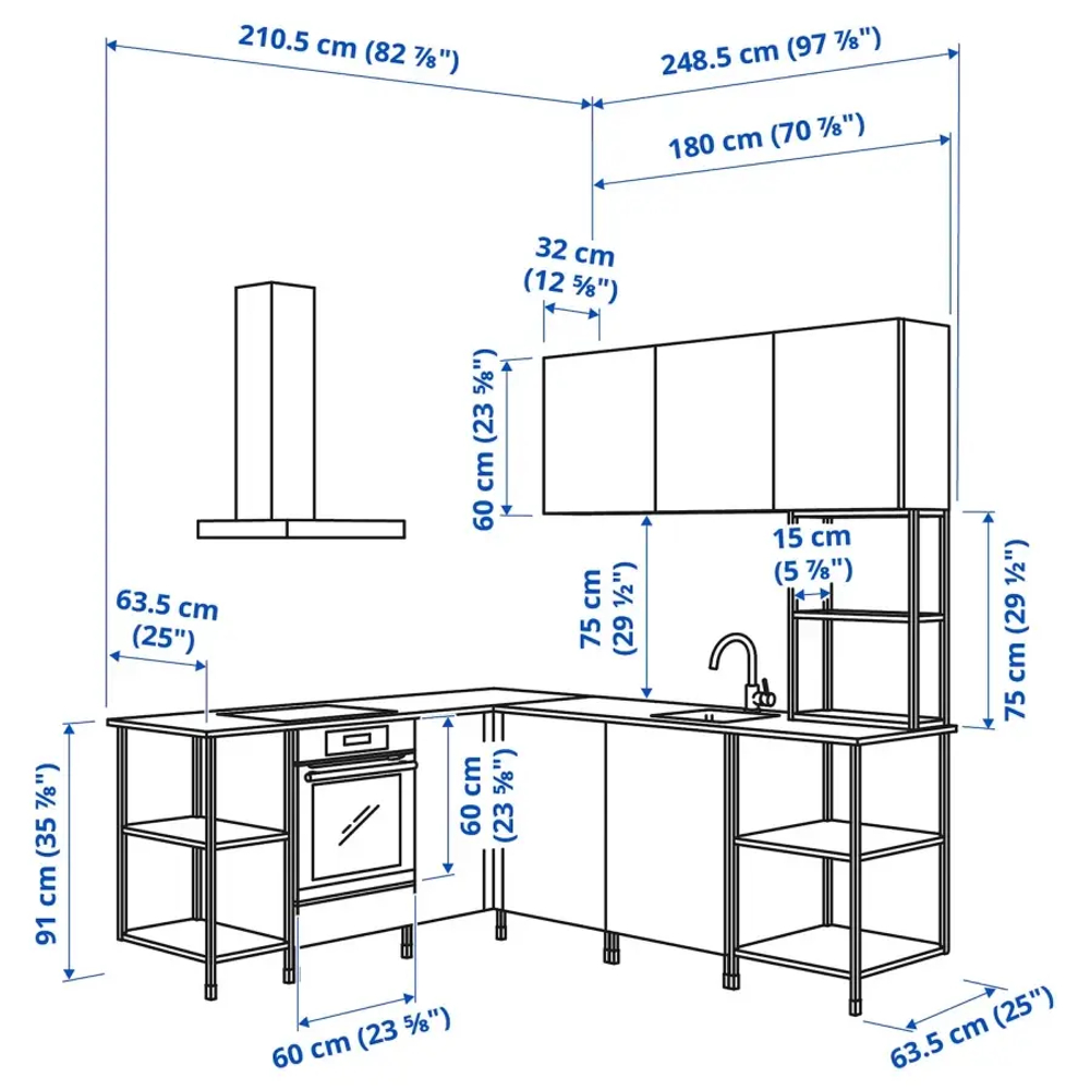 Угловой кухонный гарнитур - IKEA ENHET, 210.5х248.5х75 см, белый/имитация дуба, ЭНХЕТ ИКЕА