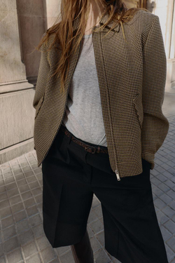 ZARA БОМБЕР В ГУСИНУЮ ЛАПКУ С ПОДПЛЕЧНИКАМИ, ЧЕРНЫЙ/КОРИЧНЕВЫЙ