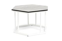 "Женева" интерьерный стол из HPL шестиугольный, D50, H35, цвет "мрамор пепел", каркас из стали белый муар