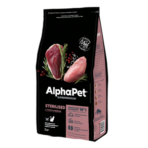 Уценка! Срок 13.07.26/ Сухой корм AlphaPet Superpremium для взрослых стерилизованных кошек и котов с уткой и индейкой