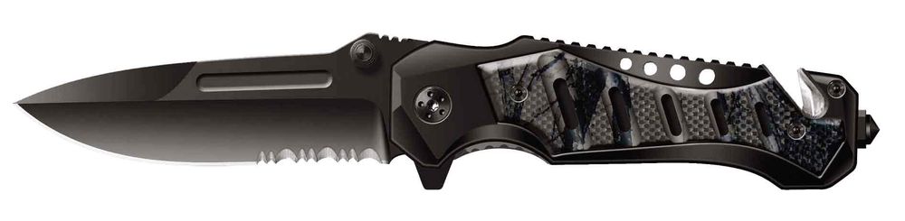 Мужской недорогой брутальный стальной чёрный складной нож в военном стиле с клинком 90 мм и чёрной рукояткой Stinger SA-582GY