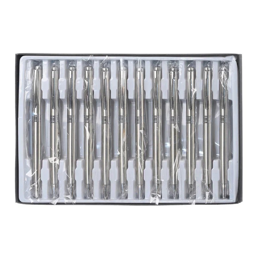 Ручка шариковая, автоматическая, Basir, синие чернила, металлическая, серебристый корпус, 12 шт