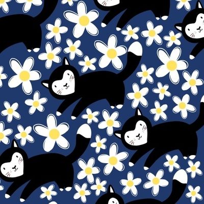 Котики и цветы на темно-синем фоне (детский фон)