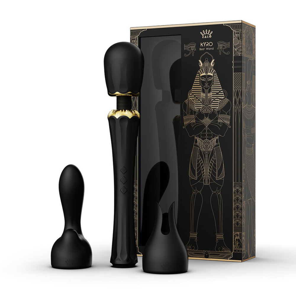 Чёрный аккумуляторный вибратор-вонд 29,1см с насадками Zalo Kyro Wand Massager Obsidian Black