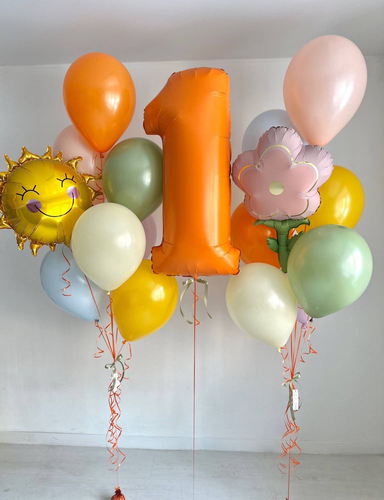 Воздушные гелиевые шарики с доставкой по Хабаровску цифра оранжевая цветок/солнце №4935