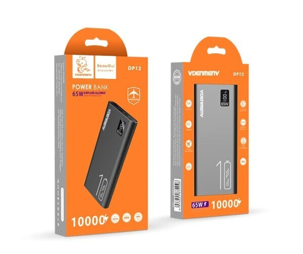 Внешний аккумулятор DENMEN DP12 10000mAh 65W, 3A, MicroUSB/Type-C+USB Black