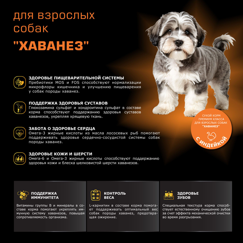 Корм сухой для взрослых собак породы Хаванез, с индейкой, 800 гр, QUATTRO