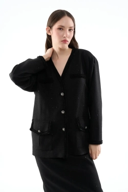 Черный жакет-тулуп с эффектом мерцания