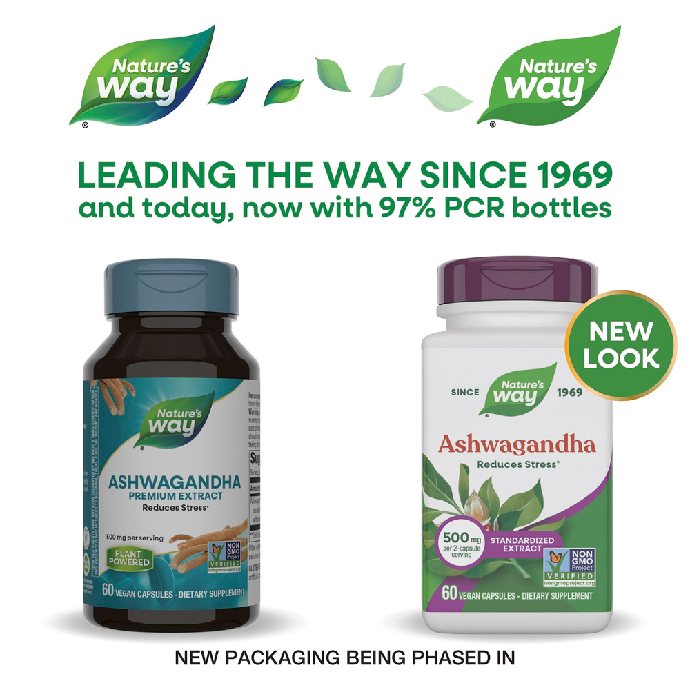 Nature's Way, ашваганда, стандартизованный экстракт, 500 мг, 60 веганских капсул (250 мг в 1 капсуле)