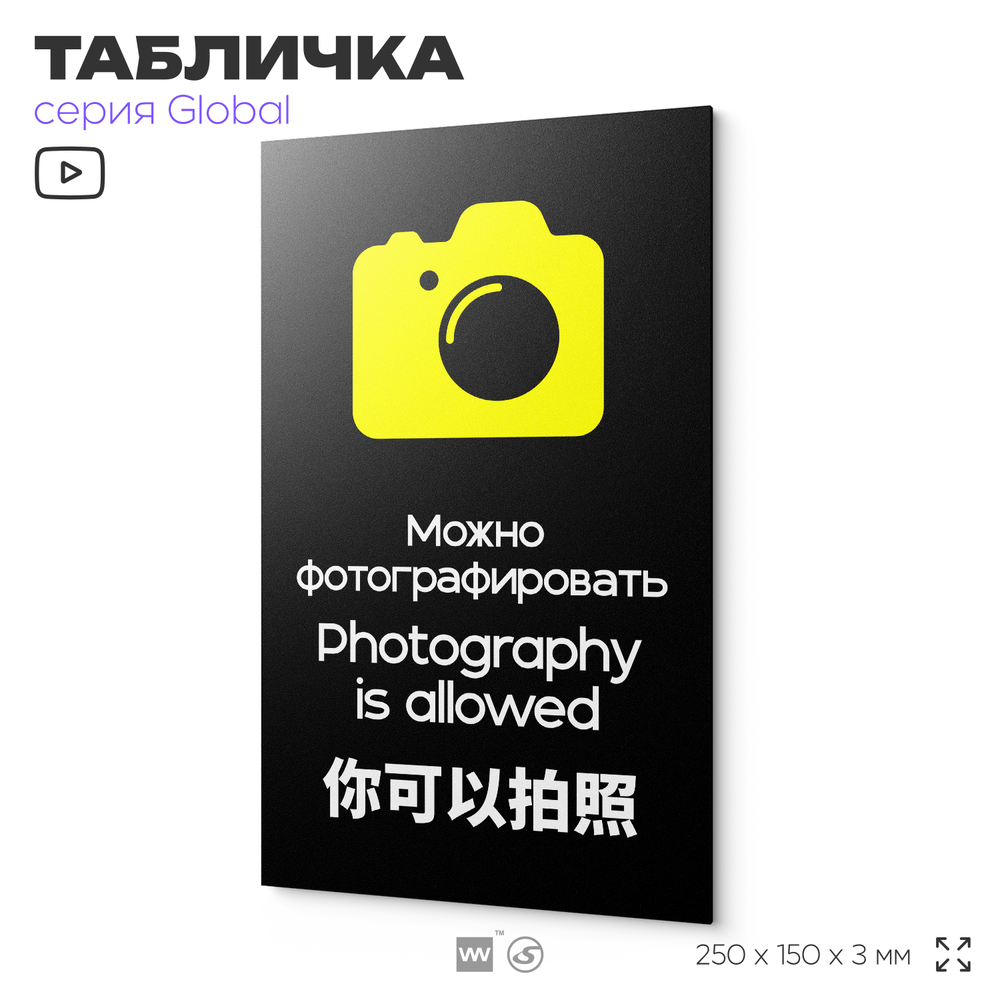 Табличка Можно фотографировать, на дверь и стену, информационная и мультиязычная (русский, английский, китайский), серия GLOBAL, 25х15 см, Айдентика Технолоджи