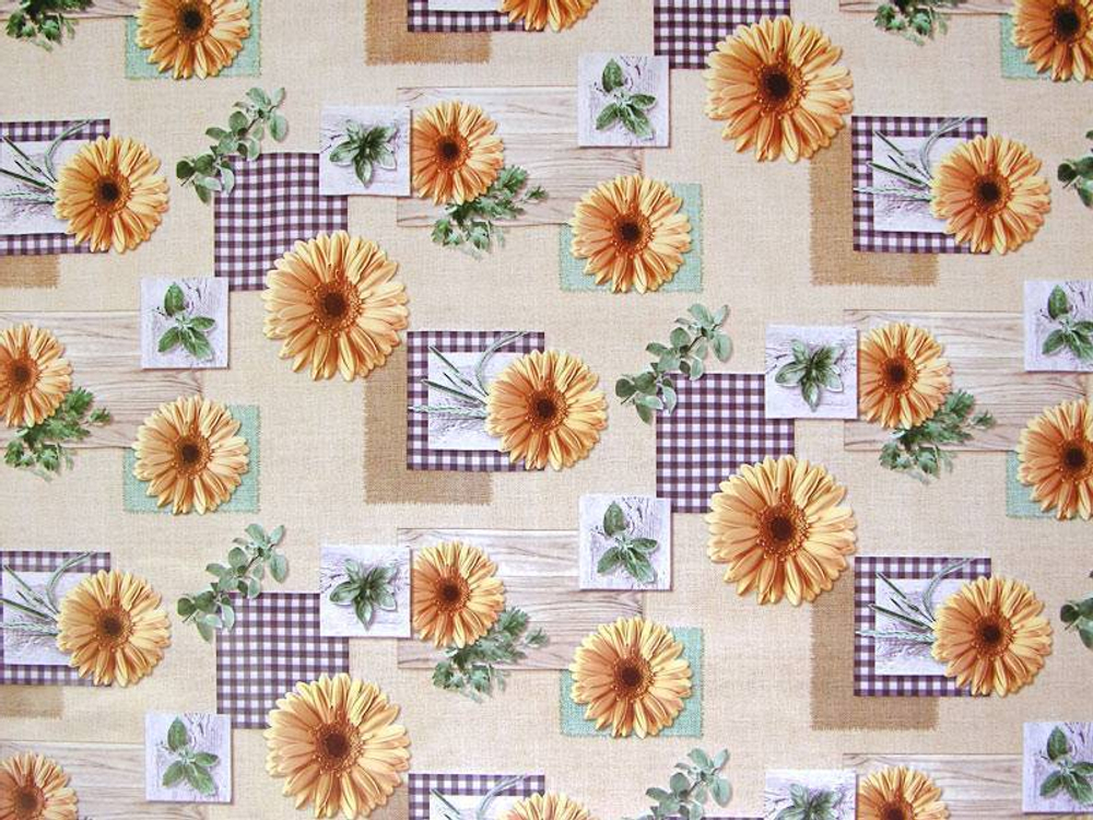 Клеенка столовая DEKORAMA 140см*20м "Герберы желтые на бежевом"