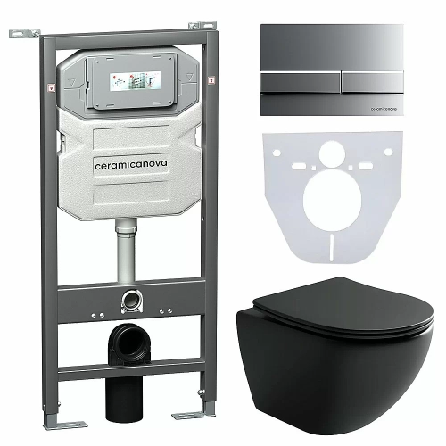 Унитаз подвесной Ceramica Nova Metropol CN4002MB_1002M_1000 черный матовый, безободковый, с крышкой микролифт, с инсталляцией и кнопкой хром матовой