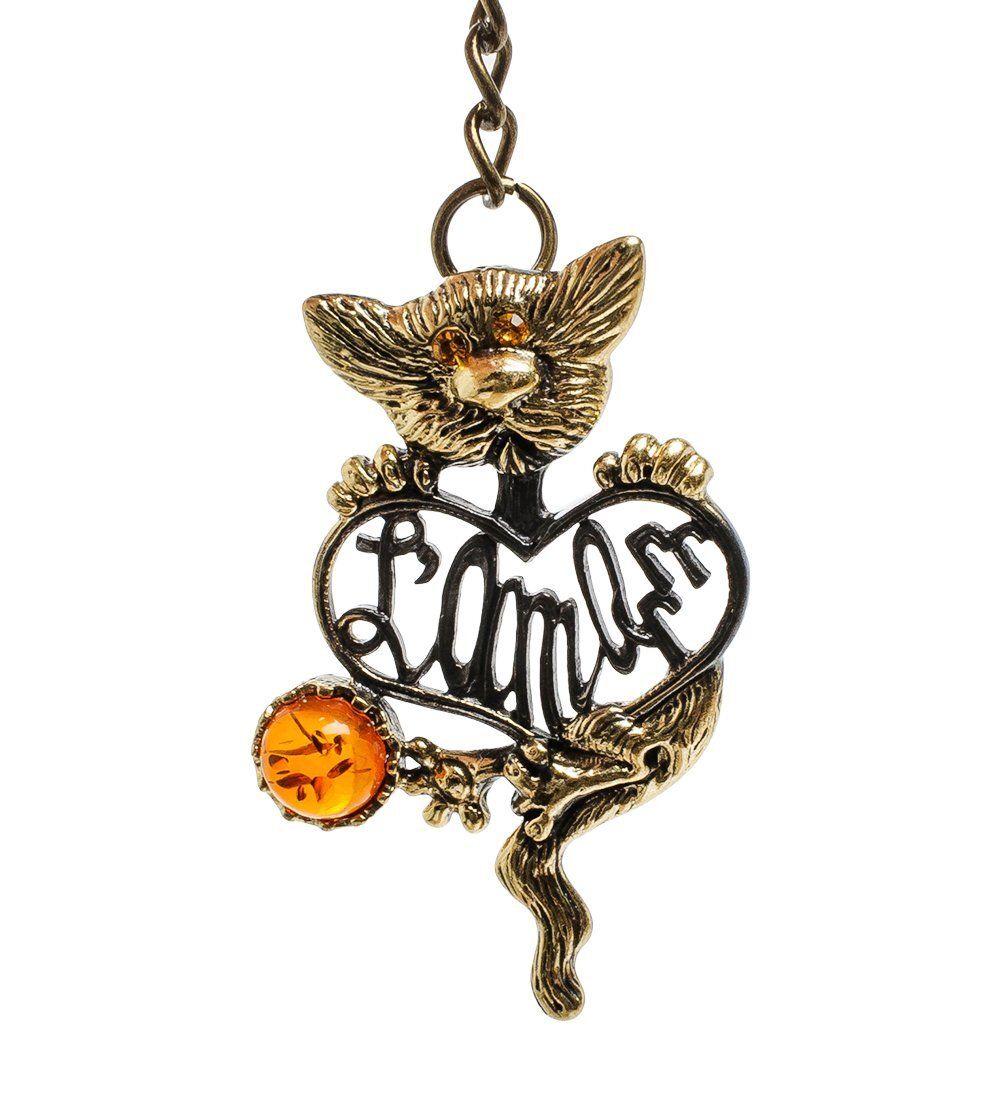 AM-1463 Брелок «Кот Француз» (латунь, янтарь)