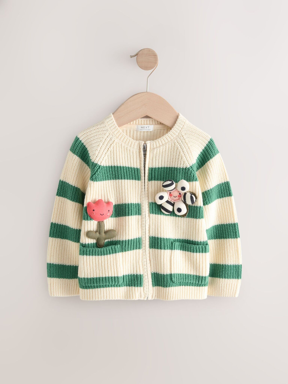 Кардиган вязаный на молнии для девочки Next E25-152, Молочный, Зеленый