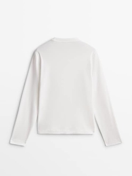 Massimo Dutti Футболка из хлопка с длинными рукавами, НАТУРАЛЬНЫЙ, КРЕМОВЫЙ