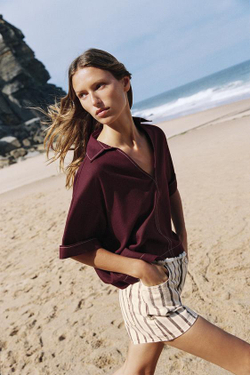 ZARA ТОП ИЗ ЛЬНА С КОНТРАСТНОЙ ОТДЕЛКОЙ, БУРГУНДИ