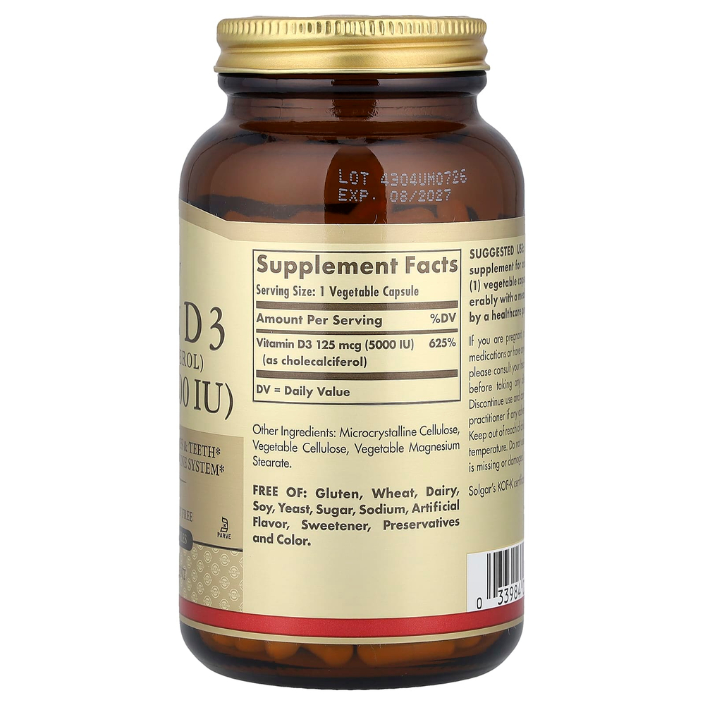 Solgar, витамин D3 (холекальциферол), 125 мкг (5000 МЕ), 240 растительных капсул