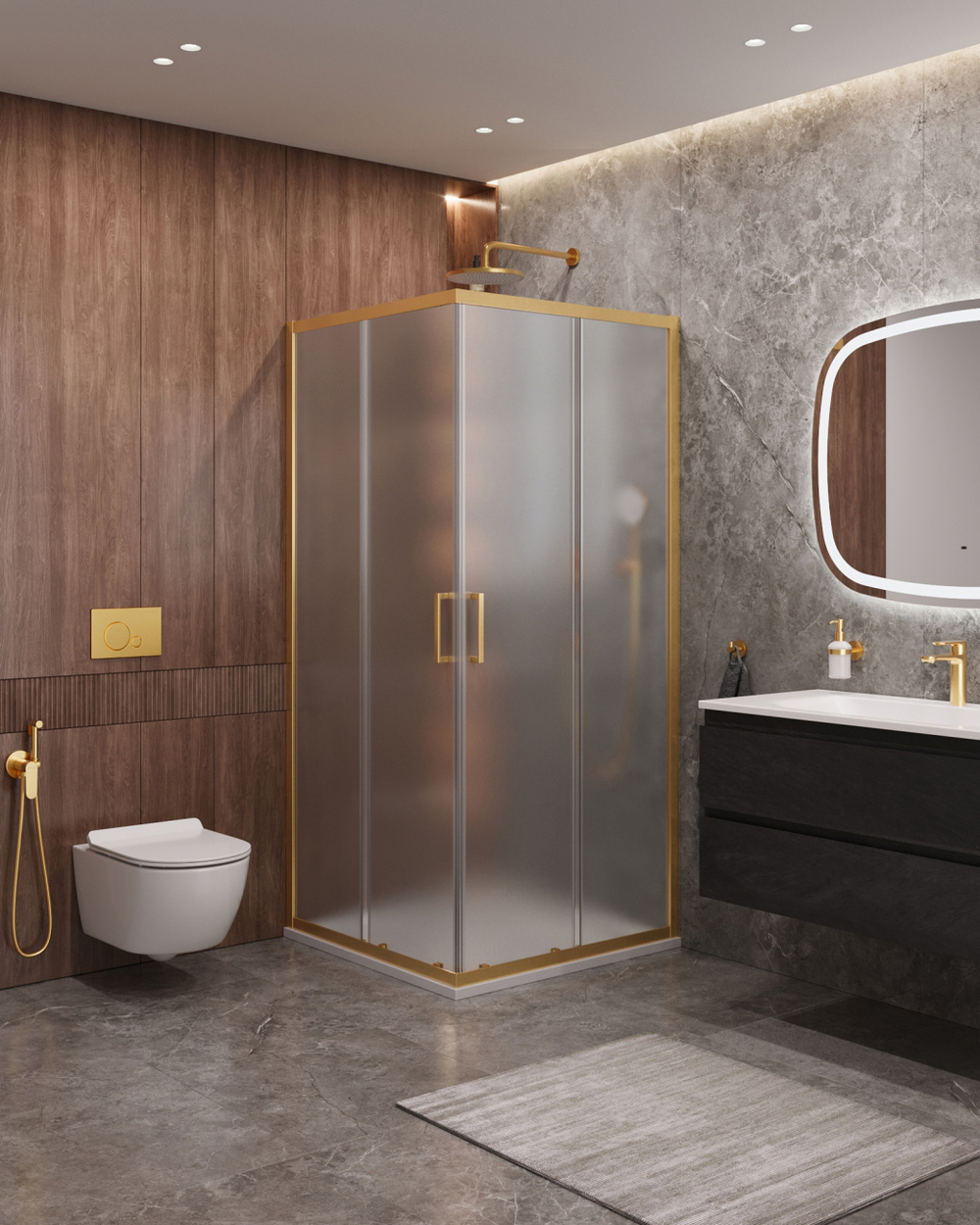 Душевой уголок Cezares MOLVENO-A-2-90-P-BORO, 90х90х195, профиль брашированное золото, стекло Punto